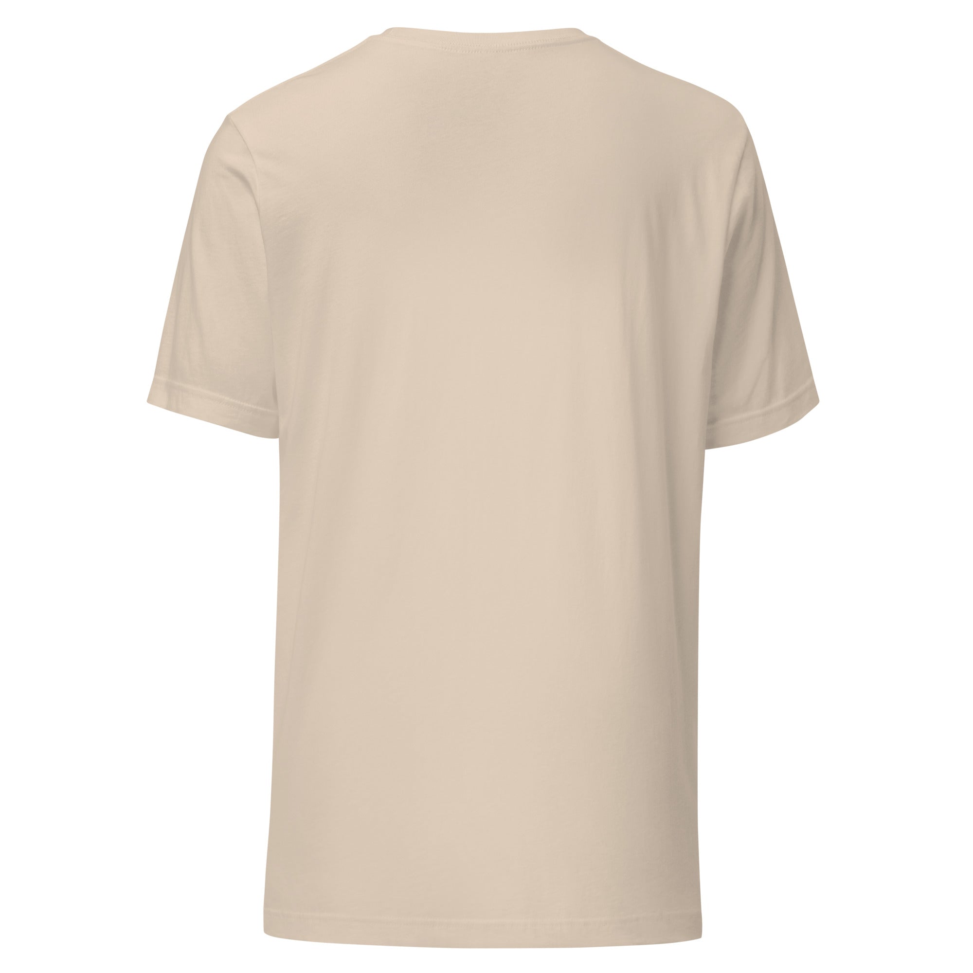 Back view of a soft and lightweight Unisex t-shirt in a natural color, showcasing its comfortable design.