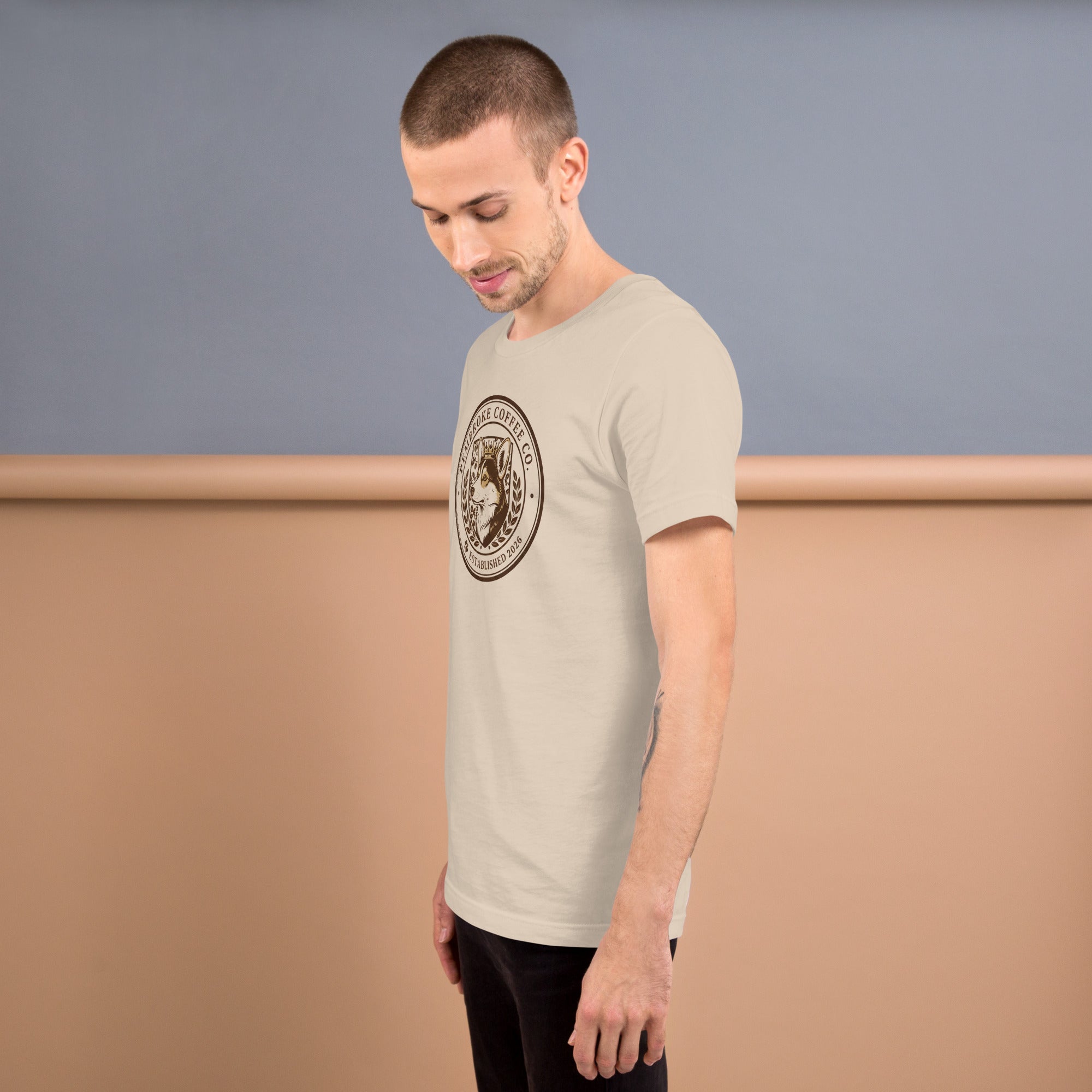 Unisex t-shirt displayed on a model, showcasing its soft and lightweight fabric with a unique design.