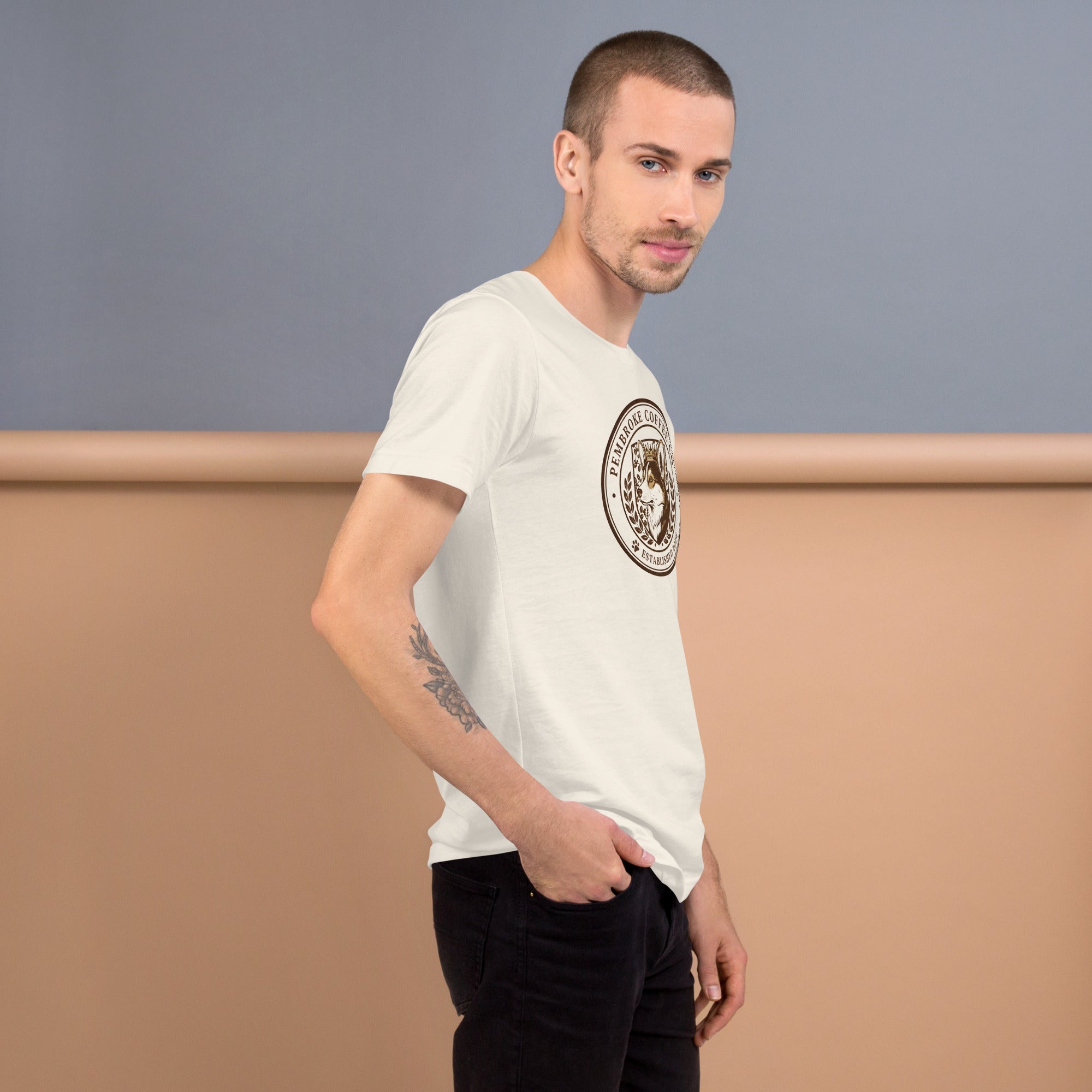 Model wearing a stylish unisex t-shirt with a graphic design, perfect for casual outings and everyday comfort.