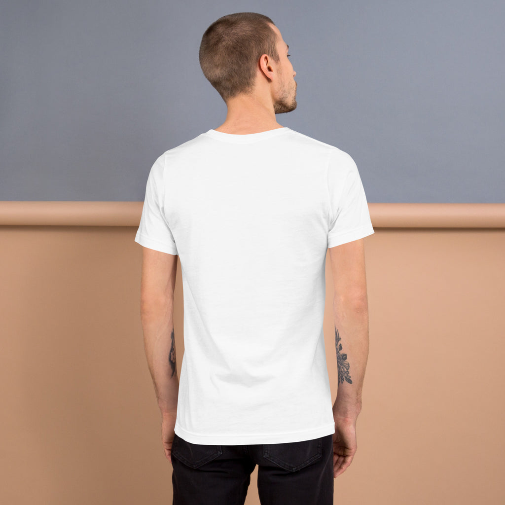 Back view of a man wearing a soft, lightweight unisex t-shirt against a neutral background.