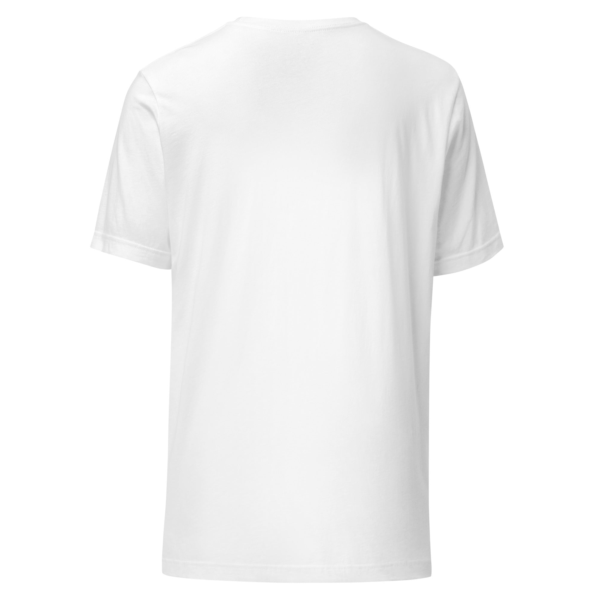 Back view of a white Unisex t-shirt, soft and lightweight fabric suitable for all.