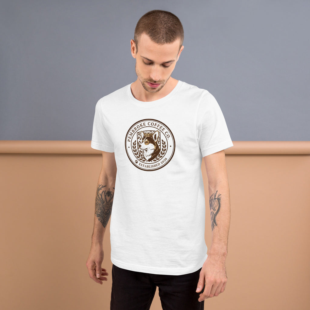Unisex t-shirt featuring a unique coffee logo printed on a soft white fabric.