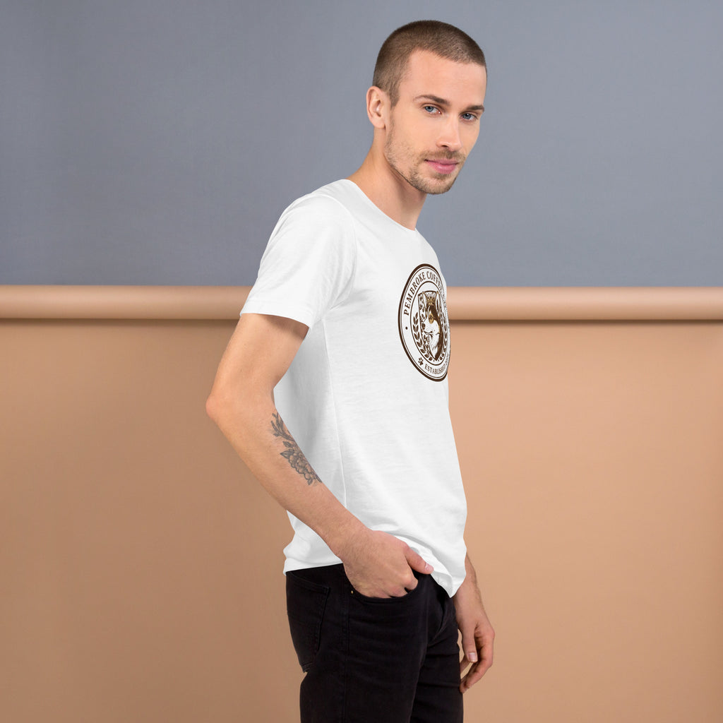 Unisex t-shirt model wearing a stylish white tee with printed design, showcasing comfort and stylish fit.