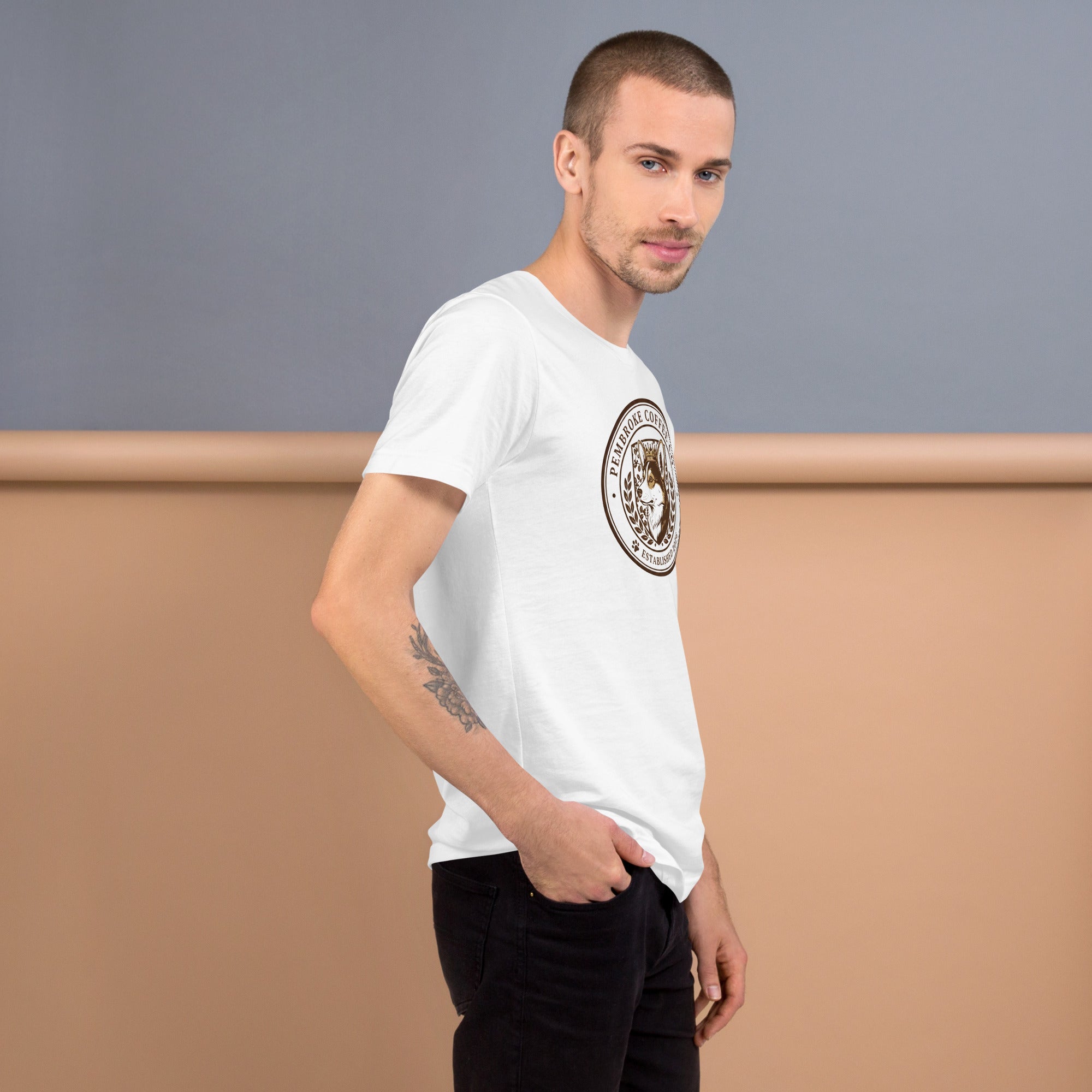 Unisex t-shirt model wearing a stylish white tee with printed design, showcasing comfort and stylish fit.