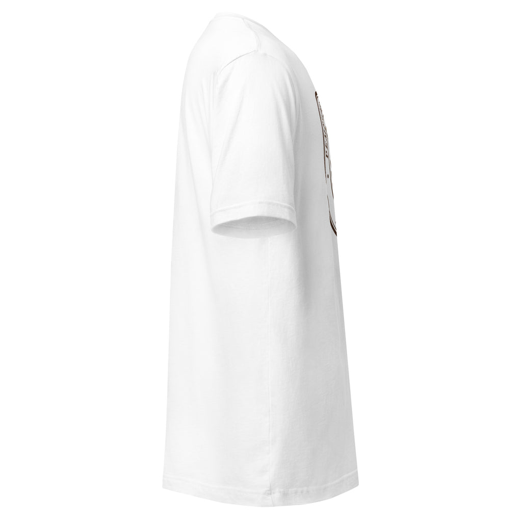Side view of a comfortable unisex t-shirt made from soft, lightweight 100% cotton fabric.